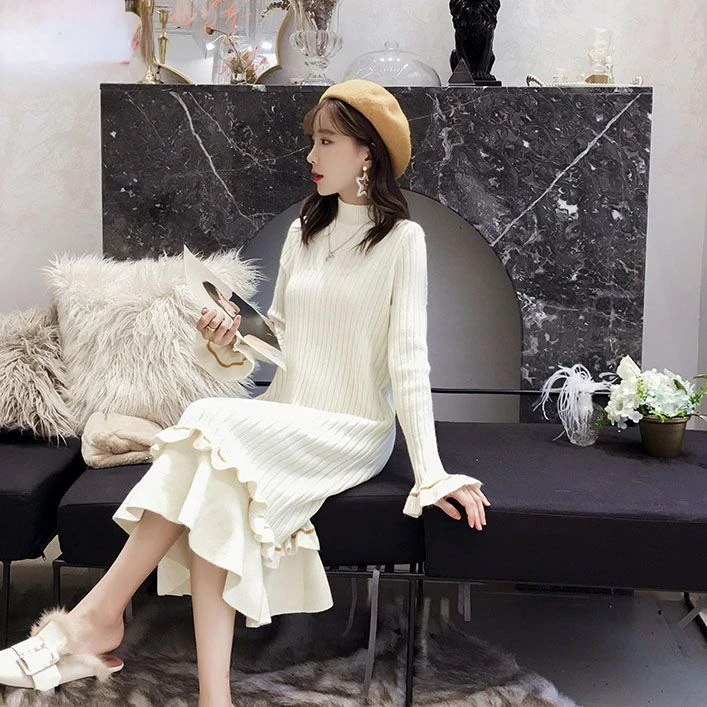 

Patchwork Winter Women'S Dress Women Dress Long Sleeve Knitted Dresses Korean Dresses Knitting Sweater Dresses for Ladies V29