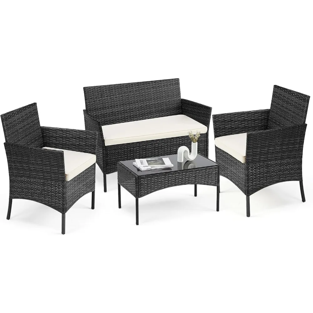 Patio Furniture Set 4 Pieces, Outdoor Furniture with Soft Cushion and Glass Table, All Weather Manual Weaving