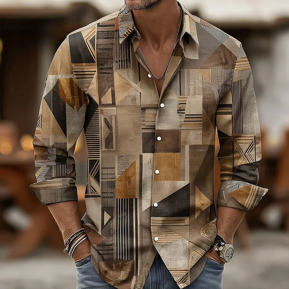 Men's Shirt Vintage Geometric Block Patchwork Print Long Sleeve Button Down Shirts Turn Collar Casual Street Tops Men Clothing