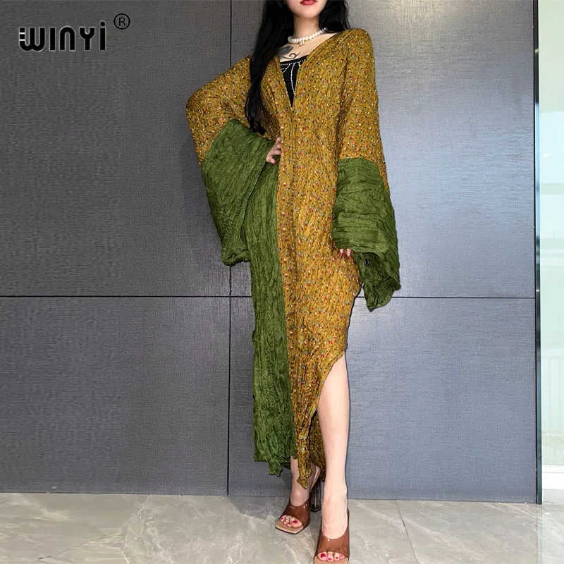 WINYI summer crumple Retro Print Party Long Dress Women Elegant kaftan Deep V Neck long Sleeve Dress Ladies Fashion Beach Dress