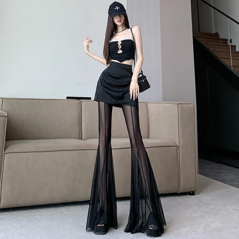 High end flared pants, spicy girl black high waisted casual fashion mesh patchwork satin A-line skirt pants, long pants