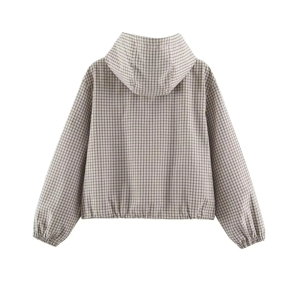Damen Casual Trendige Frühling Herbst Karierte Jacke mit Kapuze und Reißverschluss-Taschen, Modische High-Street Coole Outfit-Jacke für Frauen – Detail 5