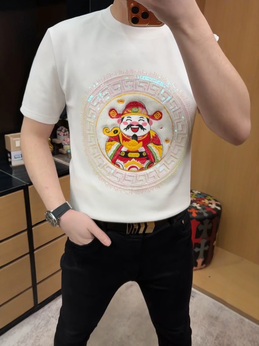 

Faionable ort Sve Men's T-irt Spring Summer New Sle Casual Glittering Diamond Happy New Year Casual round Ne T-s...