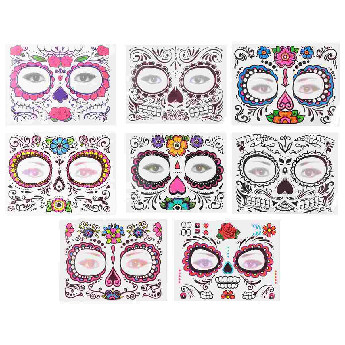 

8 Sheets Halloween Face Stickers Floral Skull Temporary The