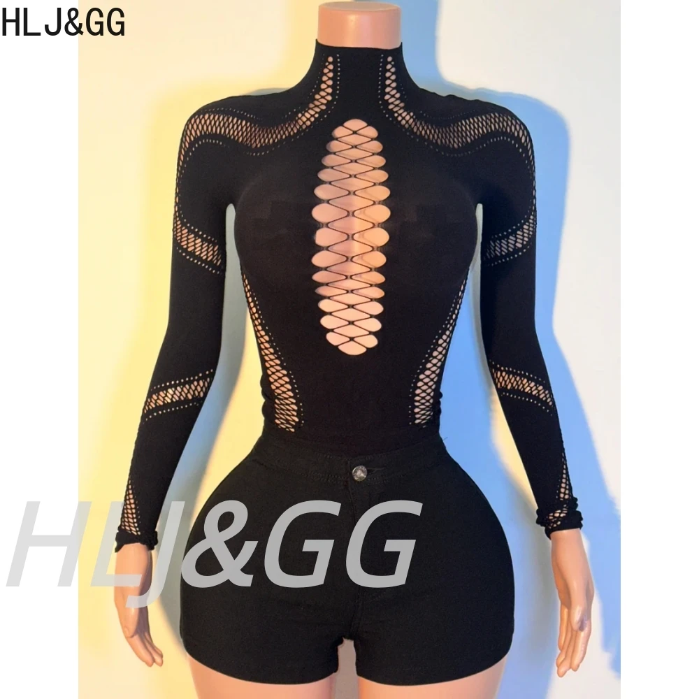 

HLJ&GG Black Fashion Hollow Knit Top Two Piece Sets Women Round Neck Long Sleeve Slim Crop Top And Denim Shorts Outfits Street
