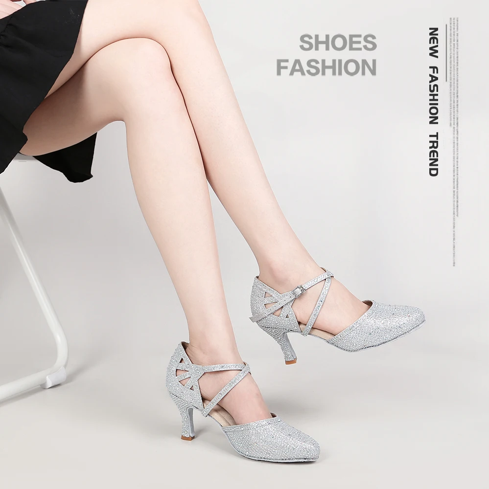 CINMIDY Rote Strass-Lateintanzschuhe Damen Tango-Tanzschuhe Moderne Schuhe Weiche Sohle Hochzeitsschuhe Silber – Detail 2