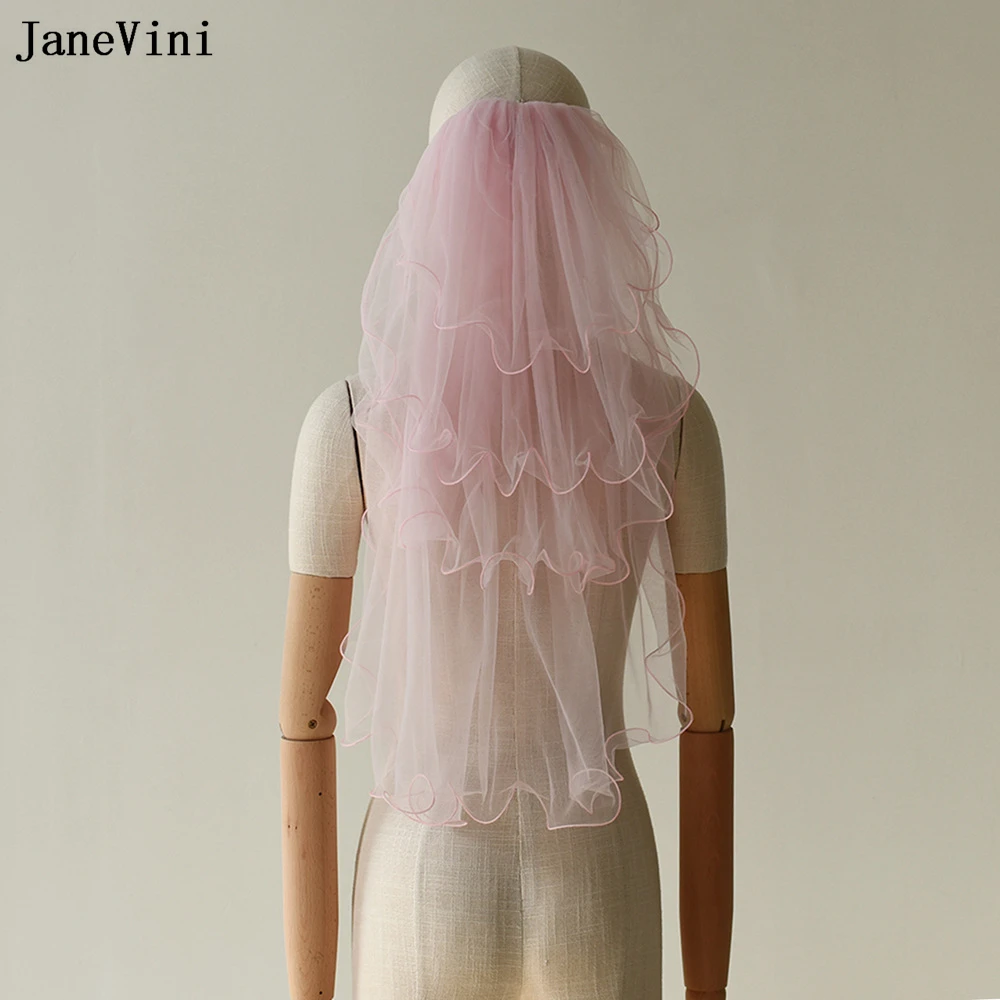 JaneVini New Romantic Pink Short Bridal Veils with Comb Multilayer Tulle Elbow Length Veil Korean Bride Wedding Hair Accessories