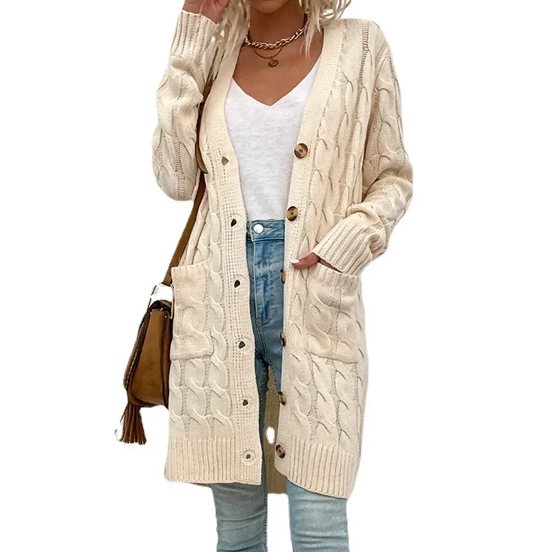 New Womens Knitted Sweater Autumn/Winter 2023 Long Fried Dough Twists Sweater Womens Button Cardigan