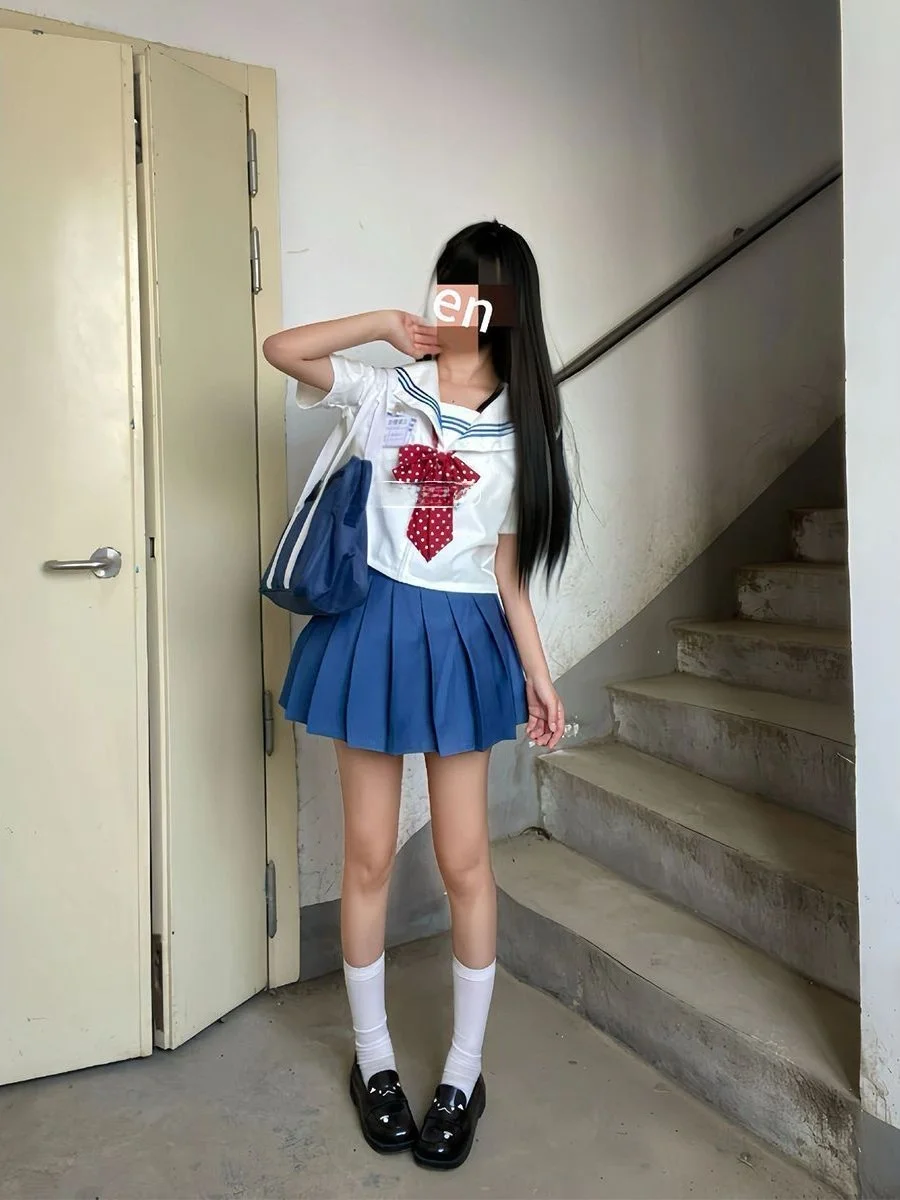 Summer Japanese Style JK Uniform White Collar Three Books Navy Short Sleeve Sailor Suit with Blue Pleated Skirt Complete Set