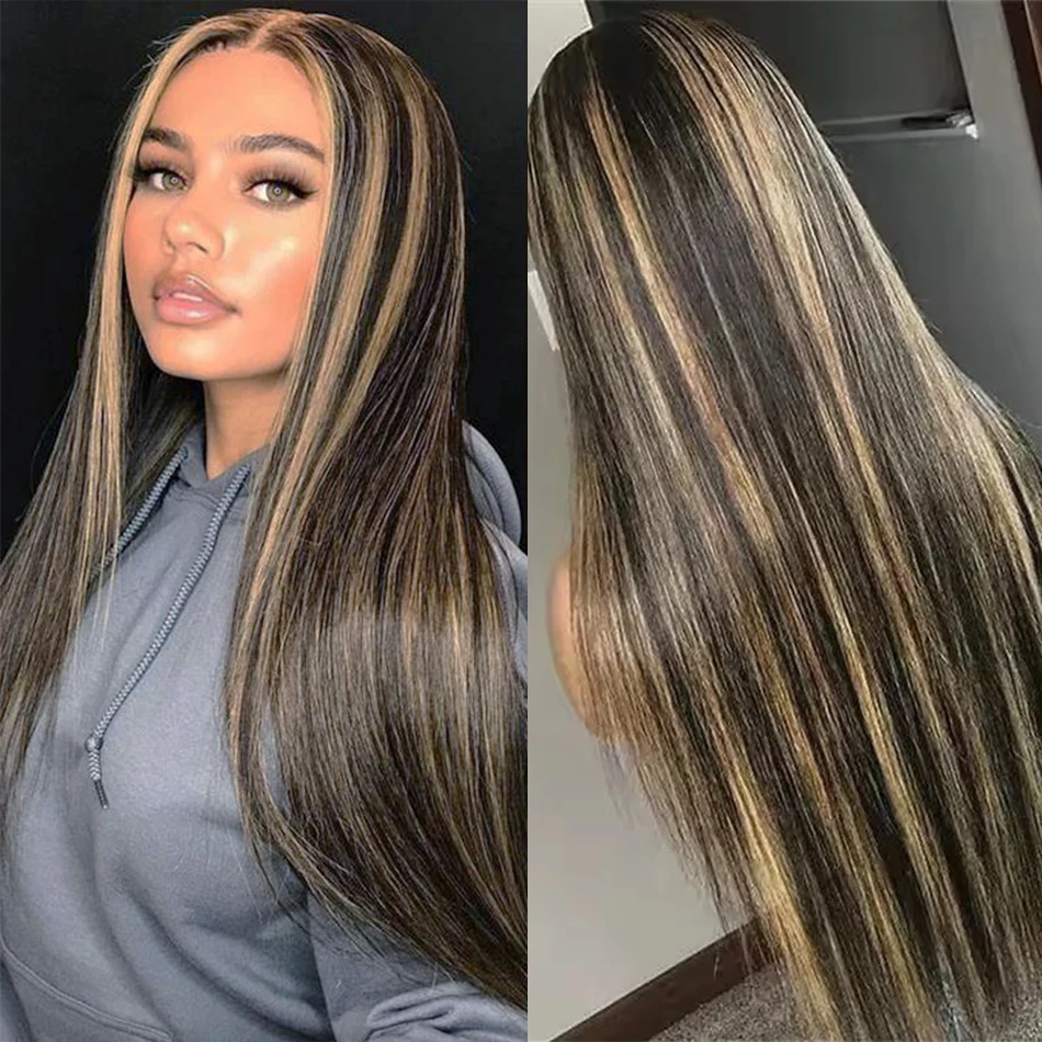 1B/27 ハイライトボーンストレート 30 インチ 13x4 HD レースフロント人毛ウィッグ 200% 密度ブラジル産人毛ウィッグ