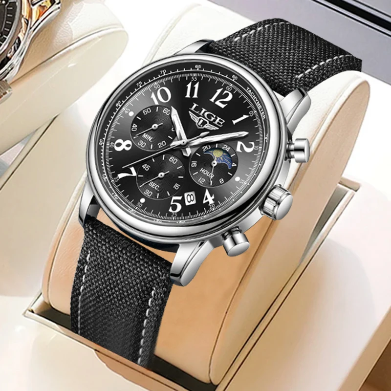 

LIGE Retro Fashion Quartz Man Watch Outdoor Auto Date Casual Sport 24-hour Moon Phase Waterproof Watches Male Reloj Hombre Gifts