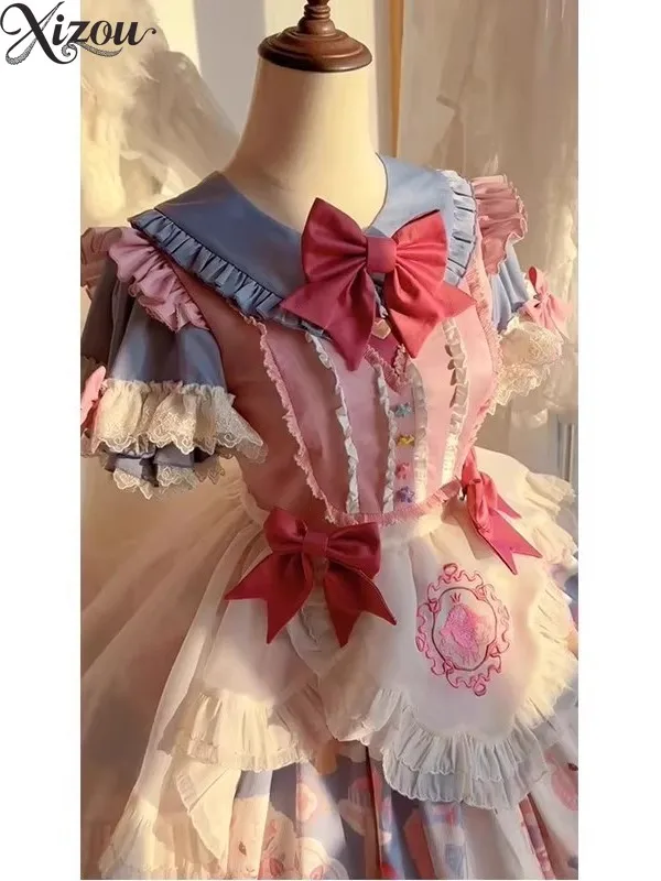 2025 Blu Rosa Lolita OP Abito Grembiule Colletto finto Fiocco Bambola Torta da principessa Stampa cartone animato Vita alta Puffy Festa di compleanno Estate