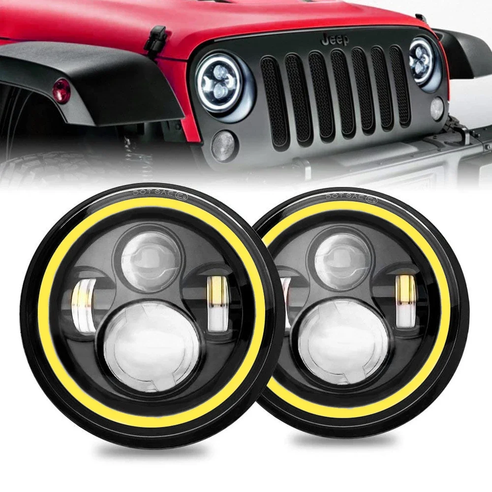 

7" JK LED Headlights with Amber Turn Signal Light and Halo Angel Eyes Design for Wrangl-er JK LJ CJ TJ,45w LED Headlights