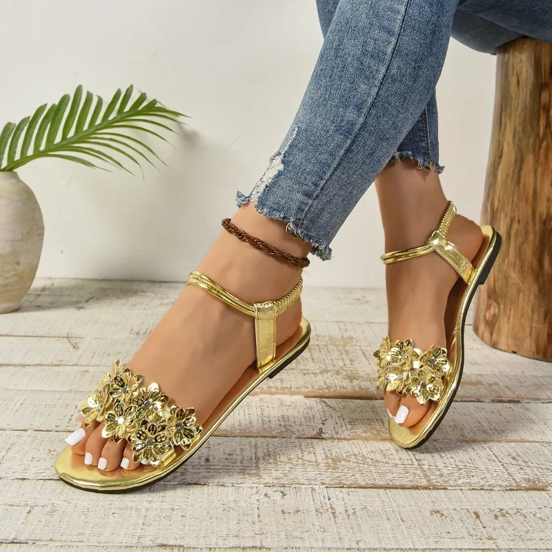 Women's Narrow Strap Sandals 2025 Fashion Gold Open Toe Flat Shoes Women Comfortable Slip-on Summer Outdoor Party Flip Flops