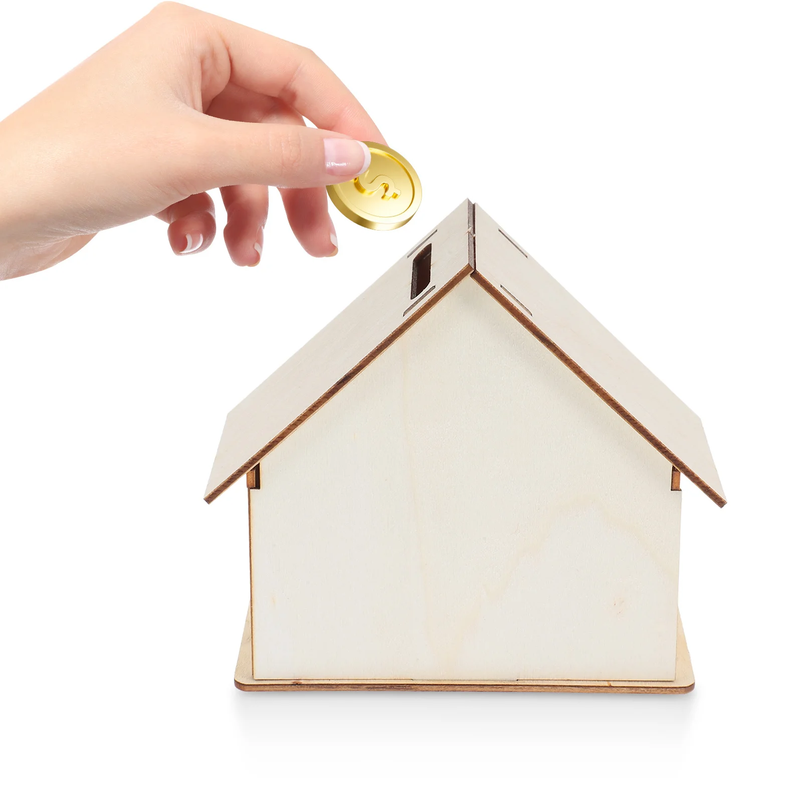 5 قطع من بنك الخنزير الخشبي غير المكتمل للأطفال على شكل منزل قديم، صندوق نقود ديكور للعملات المعدنية لتزيين غرفة الأطفال #4