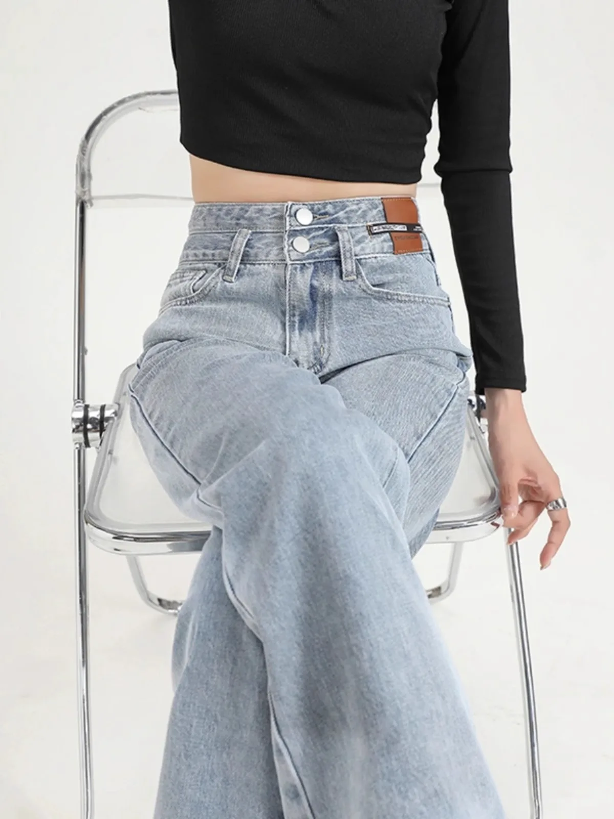 High Waist Wide Leg Straight Cut Jeans Women's Light Blue Loose Fitting Slimming Drapey Spring Summer New Style Casual Trousers