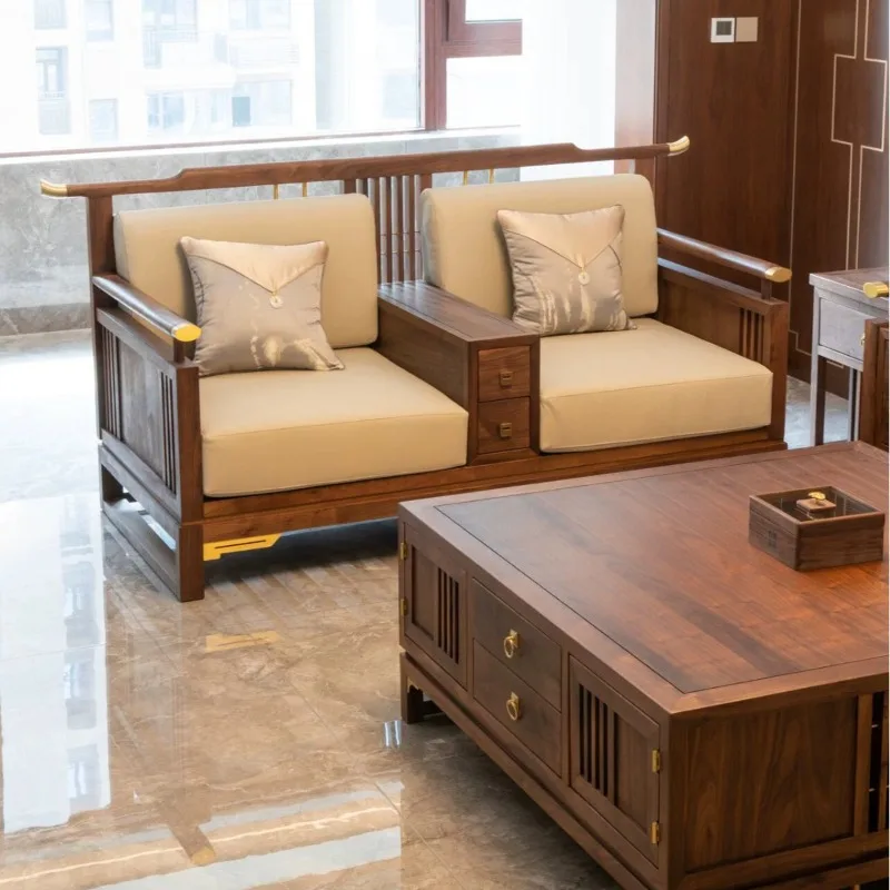 

New Chinese North American black walnut sofa combination Zen wabi-sabi style small apartment type winter and summer designer