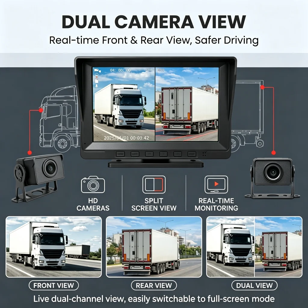 8 Inch IPS 1024x600 Car Monitor AHD 2CH Dual Camera System Split Screen Truck DVR Dash Cam with Voice Control IR Night Vision MP
