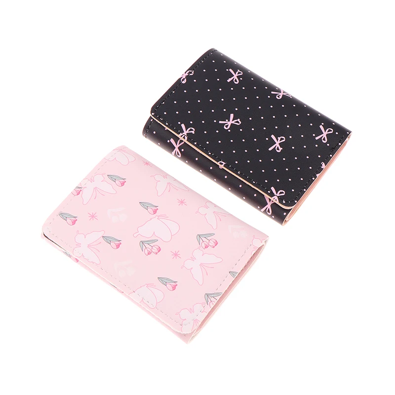 Cute Bow Sweet Pink Color Floral Folding Wallets Women Purse Card Holder For Girl Portable Travel Cash Coin Photo Card Bag