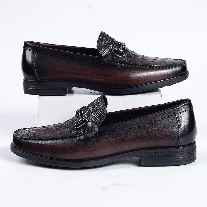 High Quality Men Formal Slip On Dress Loafers Crocodile Design Genuine Leather Business Shoes For Men Metal Decorated Shoes