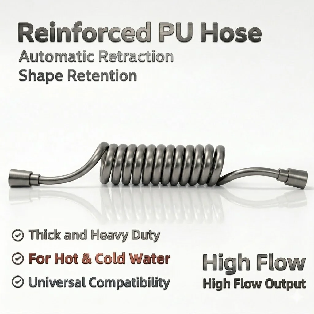 Brushed Gun Grey Spring Bidet Hose G1/2 Reinforced PU Retractable Shower Pipe Heavy Duty for Bathroom