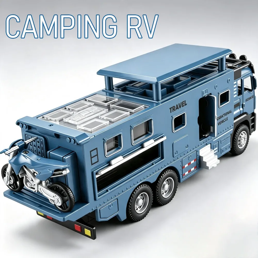 1:43 Scale Off-road Truck Camping RV Car Model Toy Doors Opened Sound Light Models Pull Back Alloy Diecast Vehicle for Kids Gift