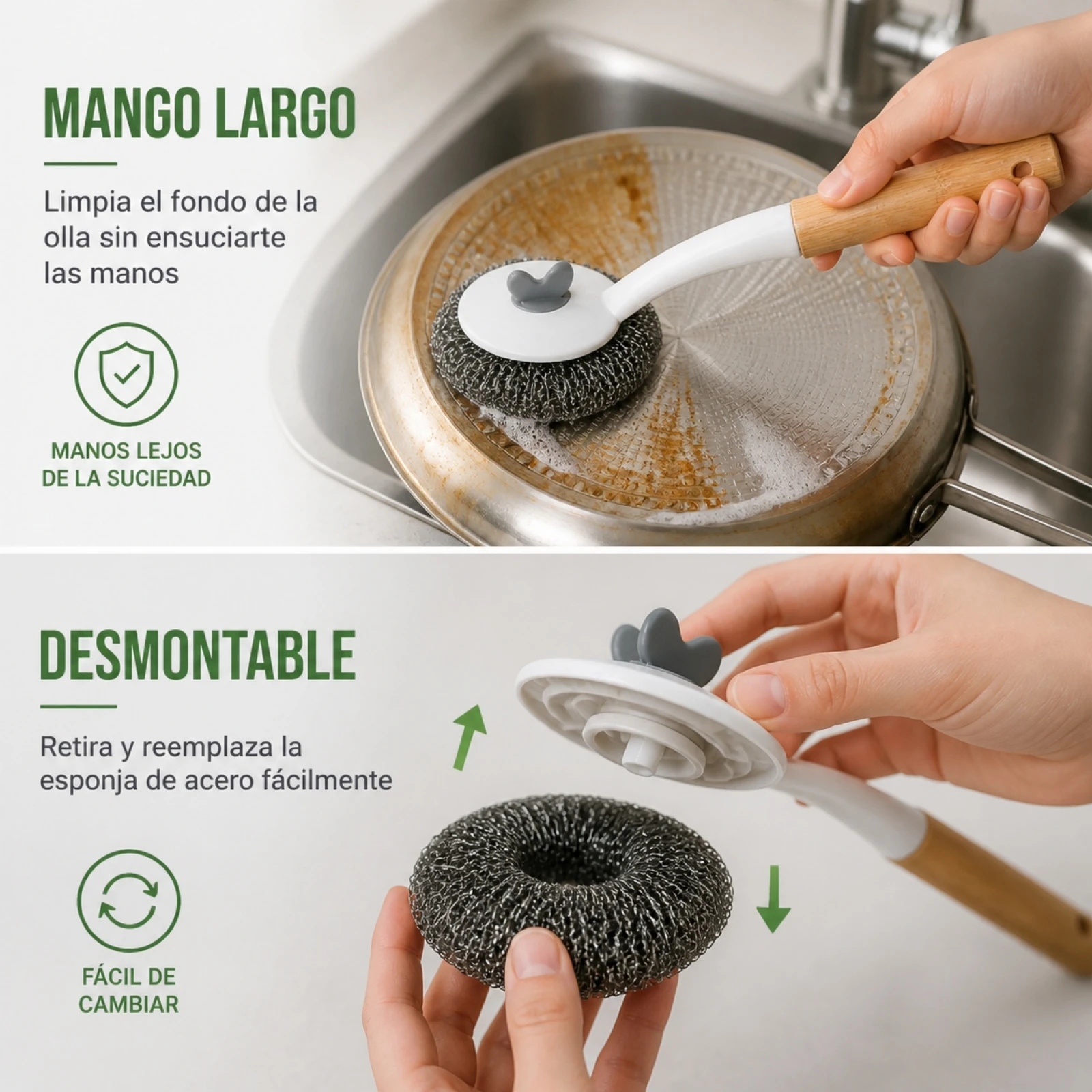 Brosse de cuisine avec manche ergonomique en bambou et éponge en acier inoxydable amovible, nettoyeur de casseroles et poêles de 27 cm, brosse à vaisselle écologique pour les graisses tenaces