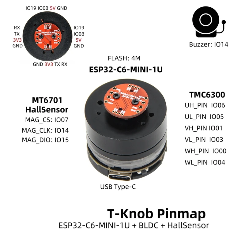 T-Knob ESP32-C6-MINI-1U Highly Efficient Zero Standby Current Driver Hall Based Angle Position Encoder Sensor Knob Board