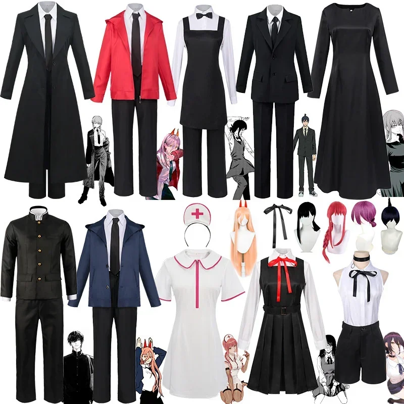 Motosserra Man Power Makima Cosplay Fato para Homens e Mulheres, Uniforme Anime, Jaqueta Longa, Terno Preto, Peruca Adulto, Halloween