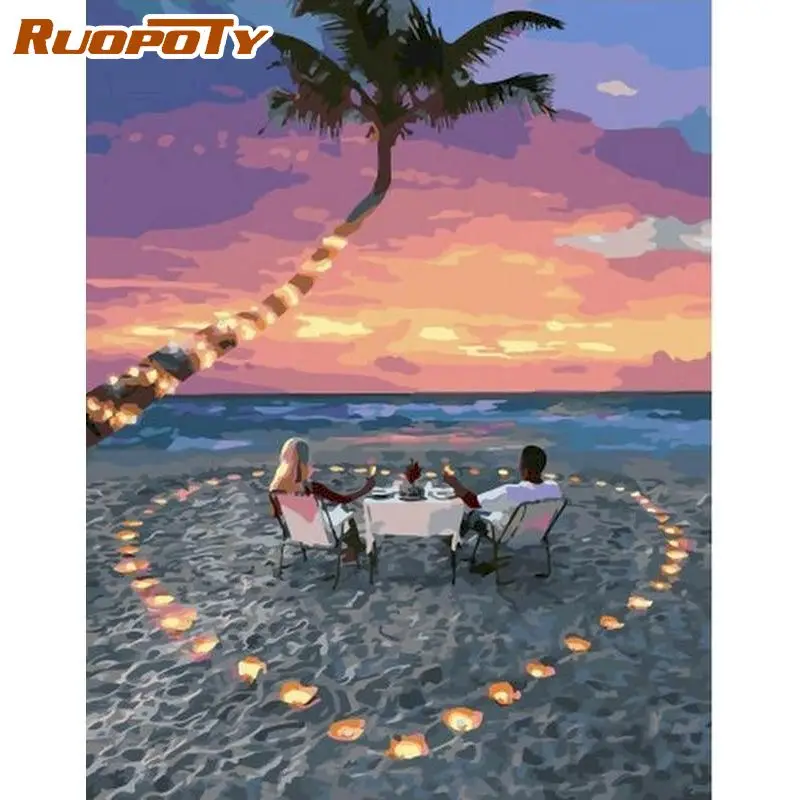 

RUOPOTY 60x75cm Framed Painting By Numbers For Adults Heart Beach Landscape Oil Picture By Number Home Decoration Artcrafts