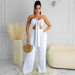 Sexy Party Women Two Piece Set Strapless Lace Up Tanks Tops And High Waist Wide Leg Pants Fashion Solid Clubwear Femme Outfits