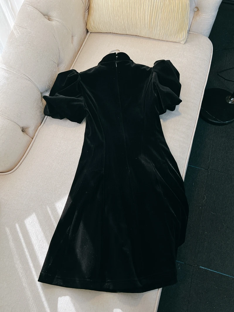 فستان تشيباو مخملي بأكمام منتفخة على الطراز الصيني القديم، أسود، نسخة محسنة بتصميم مصغر، ملابس نسائية أنيقة