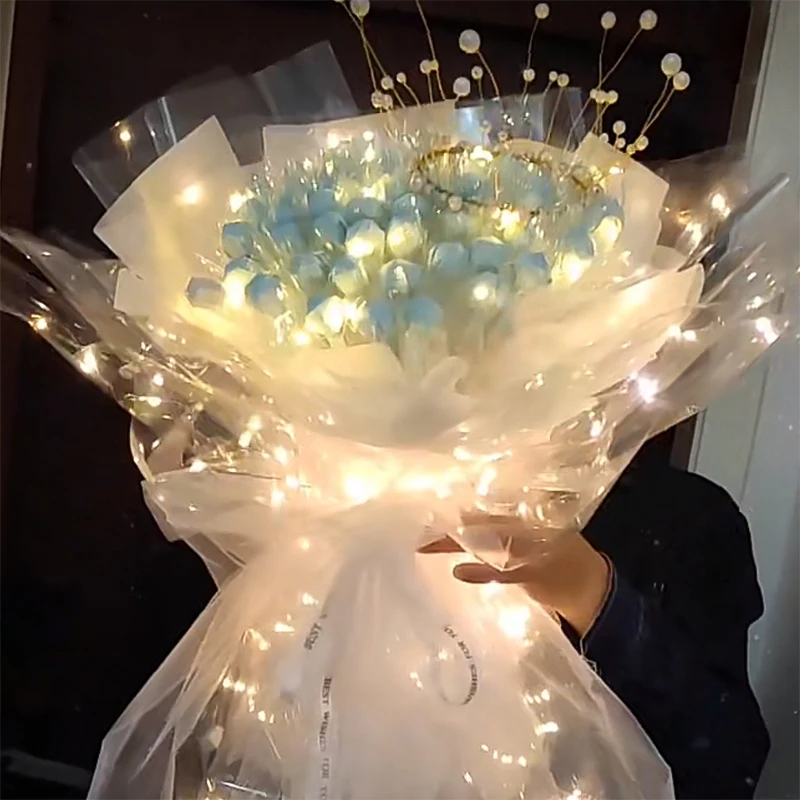 60x60cm LED Luminous Flower Wrapping Paper Waterproof Bouquet Packaging Plastics Material Proposal Wedding Birthday Party Decor