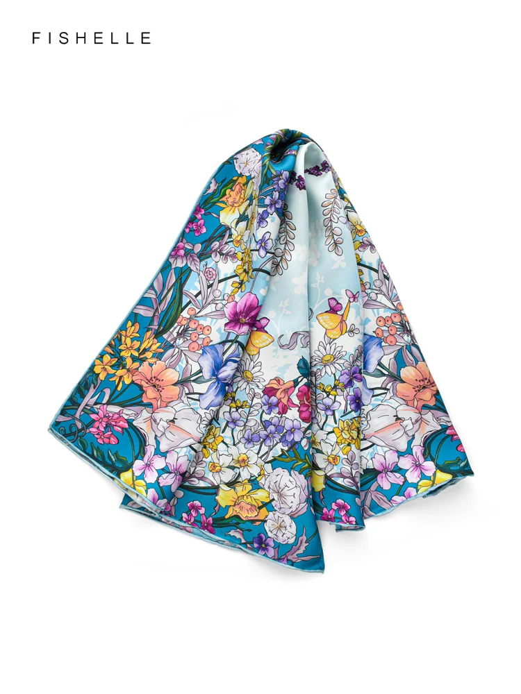 Blue purple flower 100% real silk twill scarves spring autumn head scarves women natural silk square hijab shawl lady