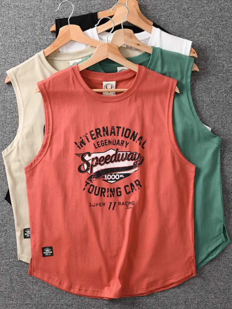 Summer New American Retro Sleeveless O-neck Letter Printed T-shirt Men\'s Fashion 100% Cotton Washed Old Casual Sports Vest Tops