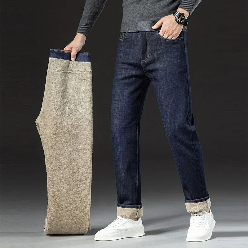 Männer Winter Fleece Gefüttert Verdickte Warme Jeans Männlichen Mode Lose Gerade Denim Hosen Smart Casual Slim Fit Hosen
