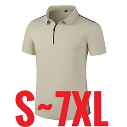 Big Size Men's Polo Shirt Turn Down Collar Short Sleeve Top Male Quick Dry Loose Summer Half Zip Up Large Fat Plus 7XL 6XL Beige