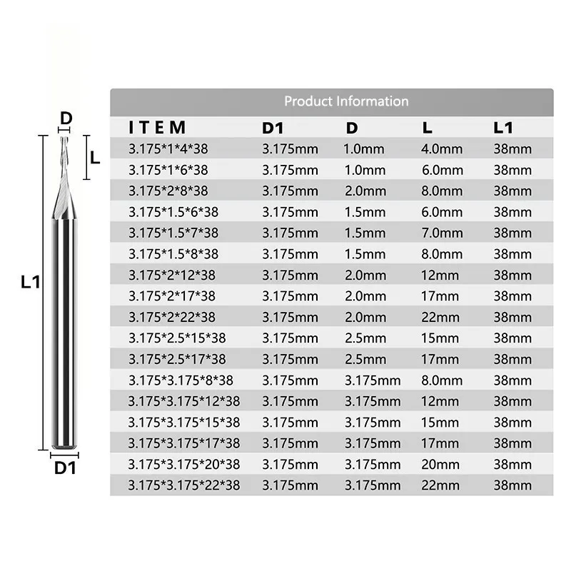 Sprial Milling Cutter 2 Flute Flat End Mill 3.175 4 6 8 10 12 mm Shank CNC Router Bits Carbide Milling Tools for Woodworking