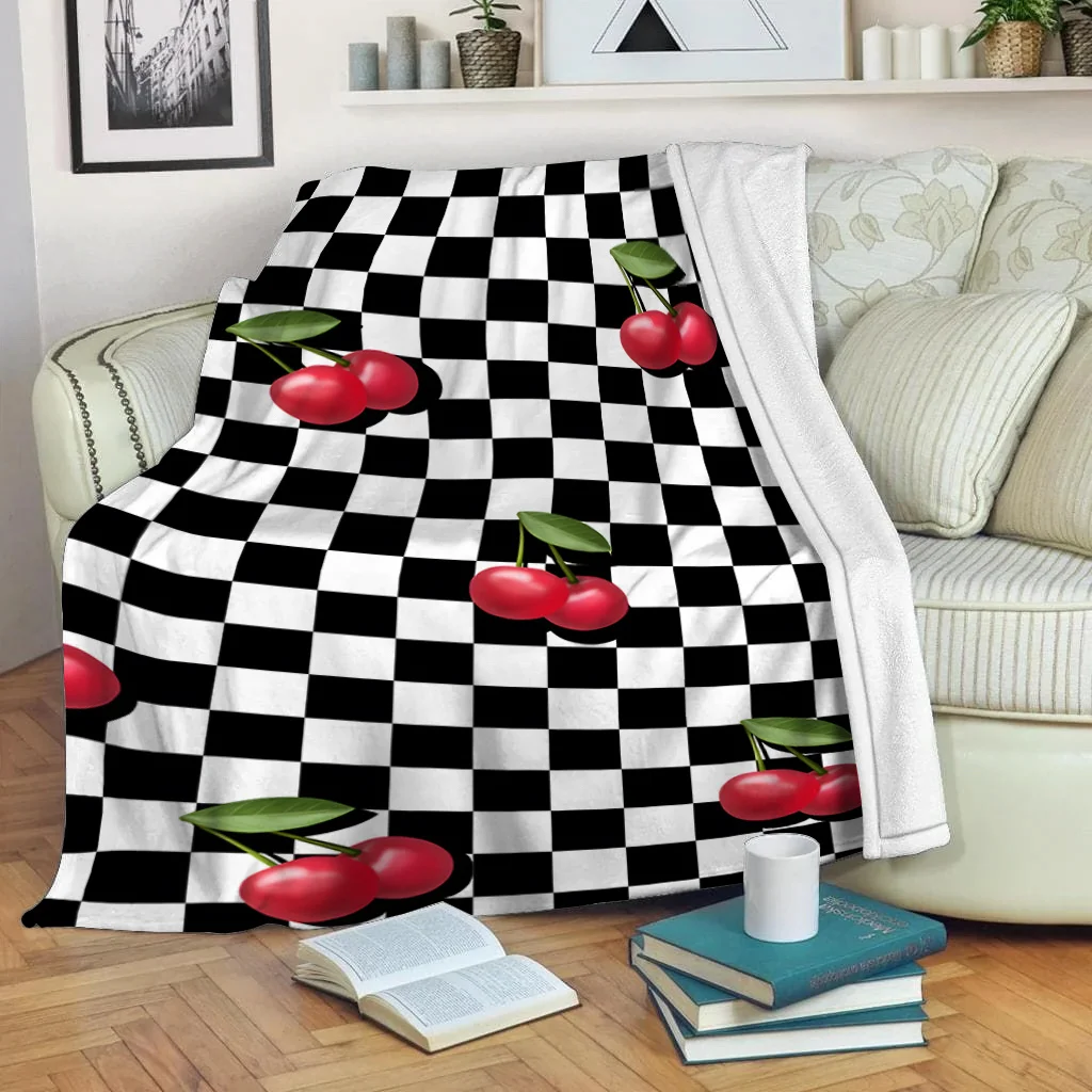 Cherry & Black White Checkered Flannel Blanket - Soft Cozy Throw for Sofa, Travel, Naps - Machine Washable All-Season Gift for F