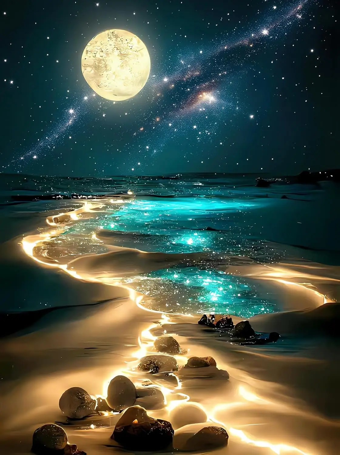 Magical Glowing Moon Beach Jigsaw Puzzle Starry Sky Galaxy Ocean Seaside Puzzle Calm Nature Landscape Puzzle Relaxing Hobby Gift