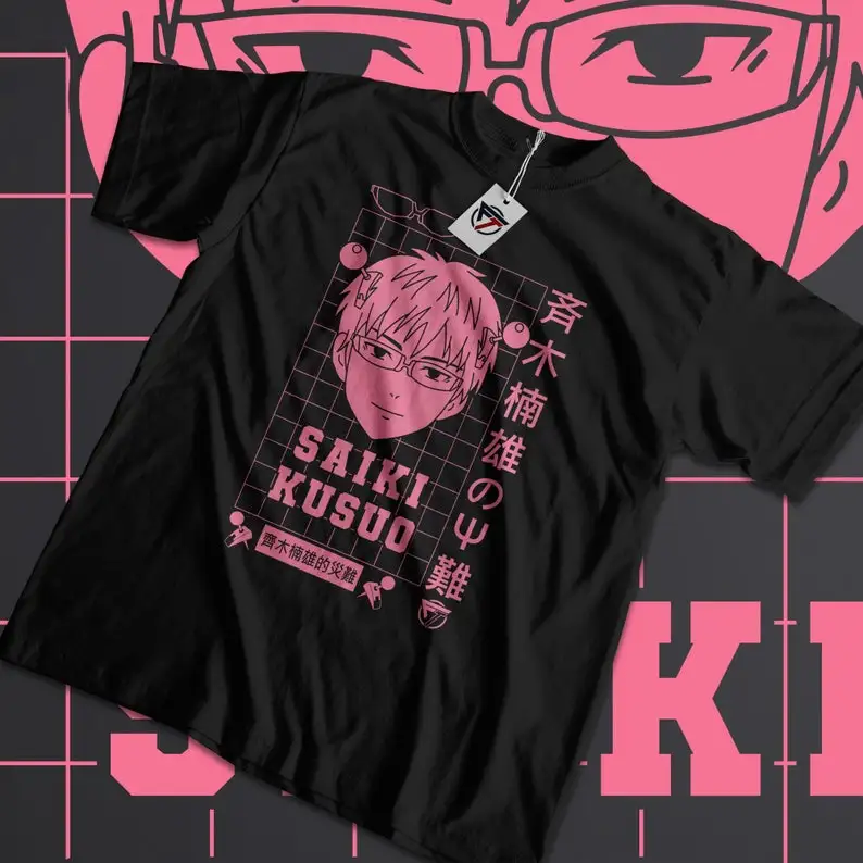 - Saikik Anime Merch - Kusuo no Sai - Saiki Kusuo no Psi-nan Unisex Japanese Text Anime T-Shirt