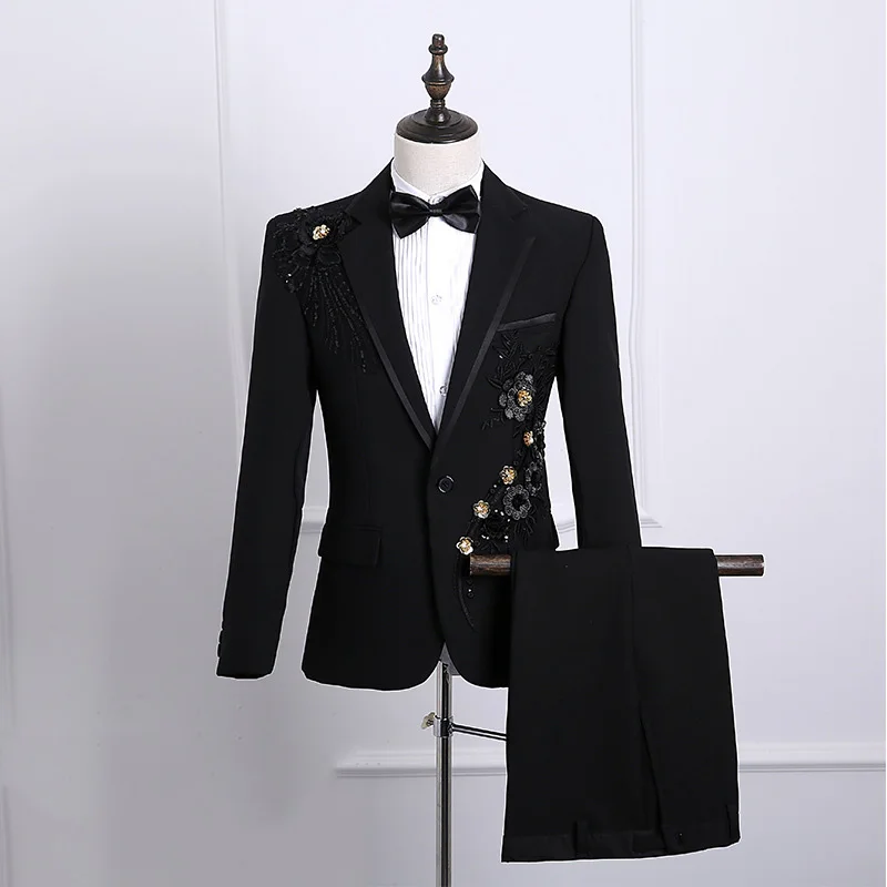 

KIDWHXR Suit Set Men Embroidery Turn Down Collar Blazer Male Straight-leg Pant Man Fashion Slim Long Sleeve 2piece Outfit