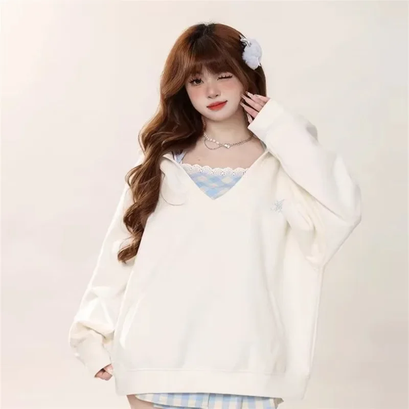 Autumn Subculture Women's Kawaii Clothing Two-piece Korean Sweet V-neck Loose Hoodies Lace Plaid Print Cute Design Halter Vest