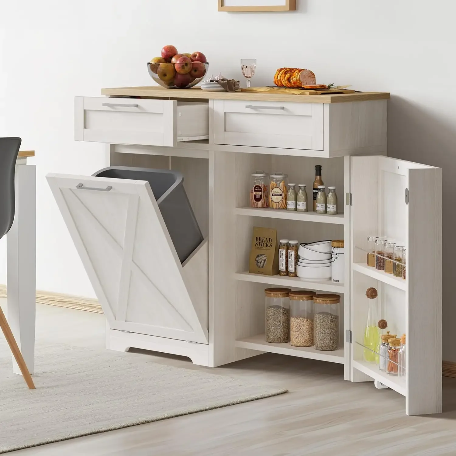 

DWVO Tilt Out Trash Can Cabinet, Garbage Cabinet for Kitchen Pull Out Trash Cabinet with Storage, Trash Bin Cabinet with 2 Drawe