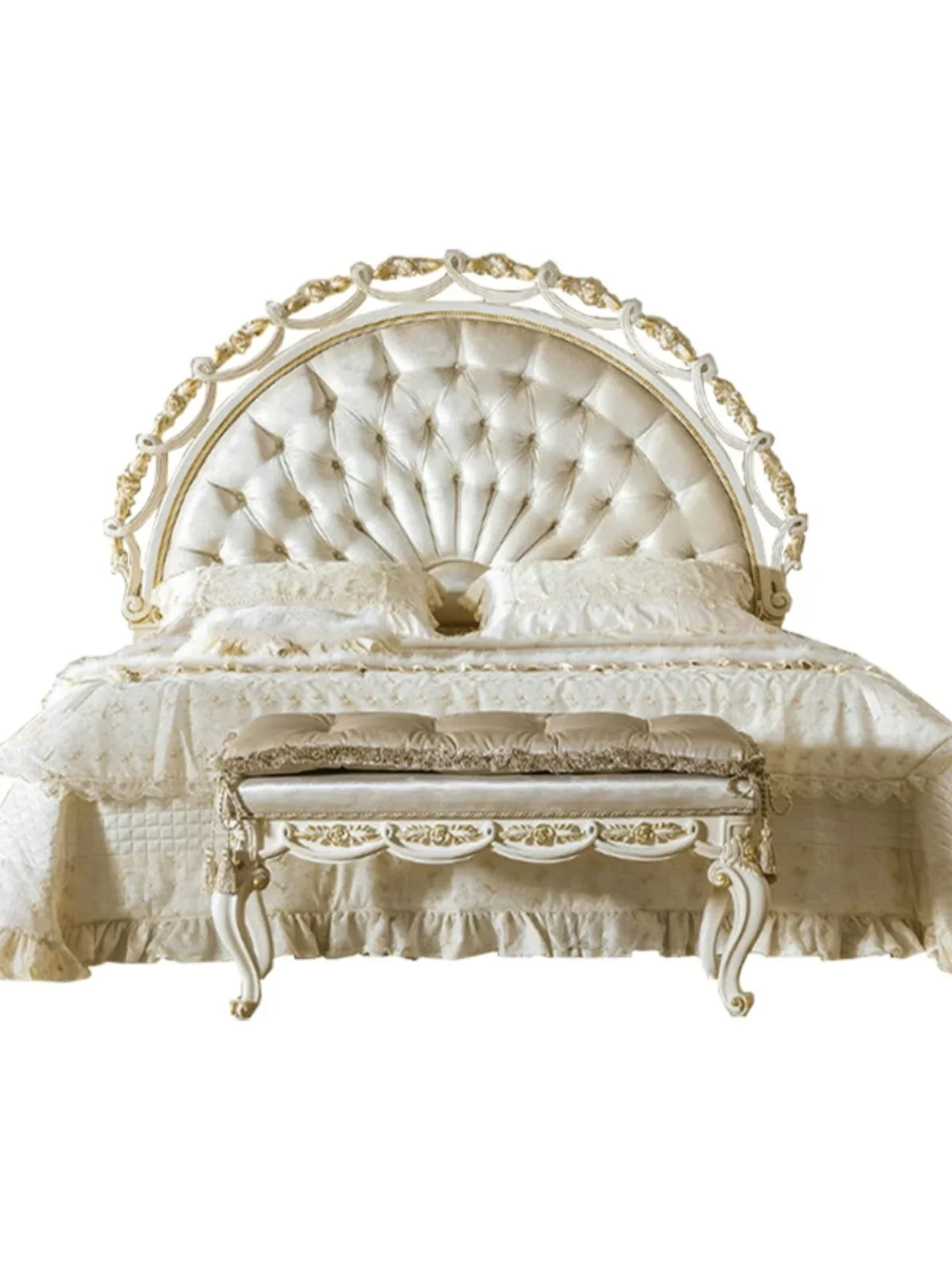 

Bed: Double bed, master bedroom, wedding bed, solid wood carved fabric upholstered 1.8m bed, luxury large princess bed