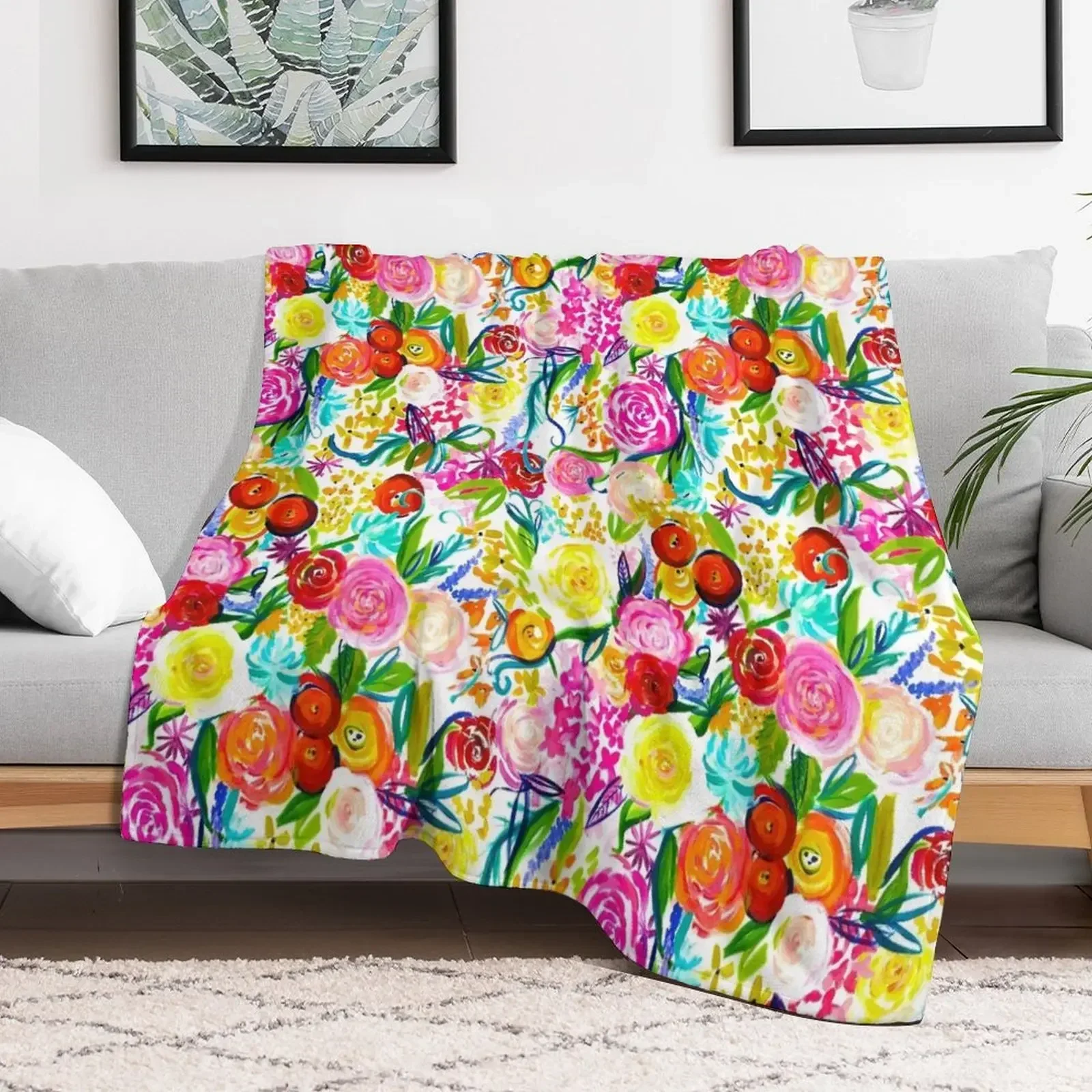 

Painted Floral Painting in Bright Spring Colors Throw Blanket Custom Summer Retros Blankets