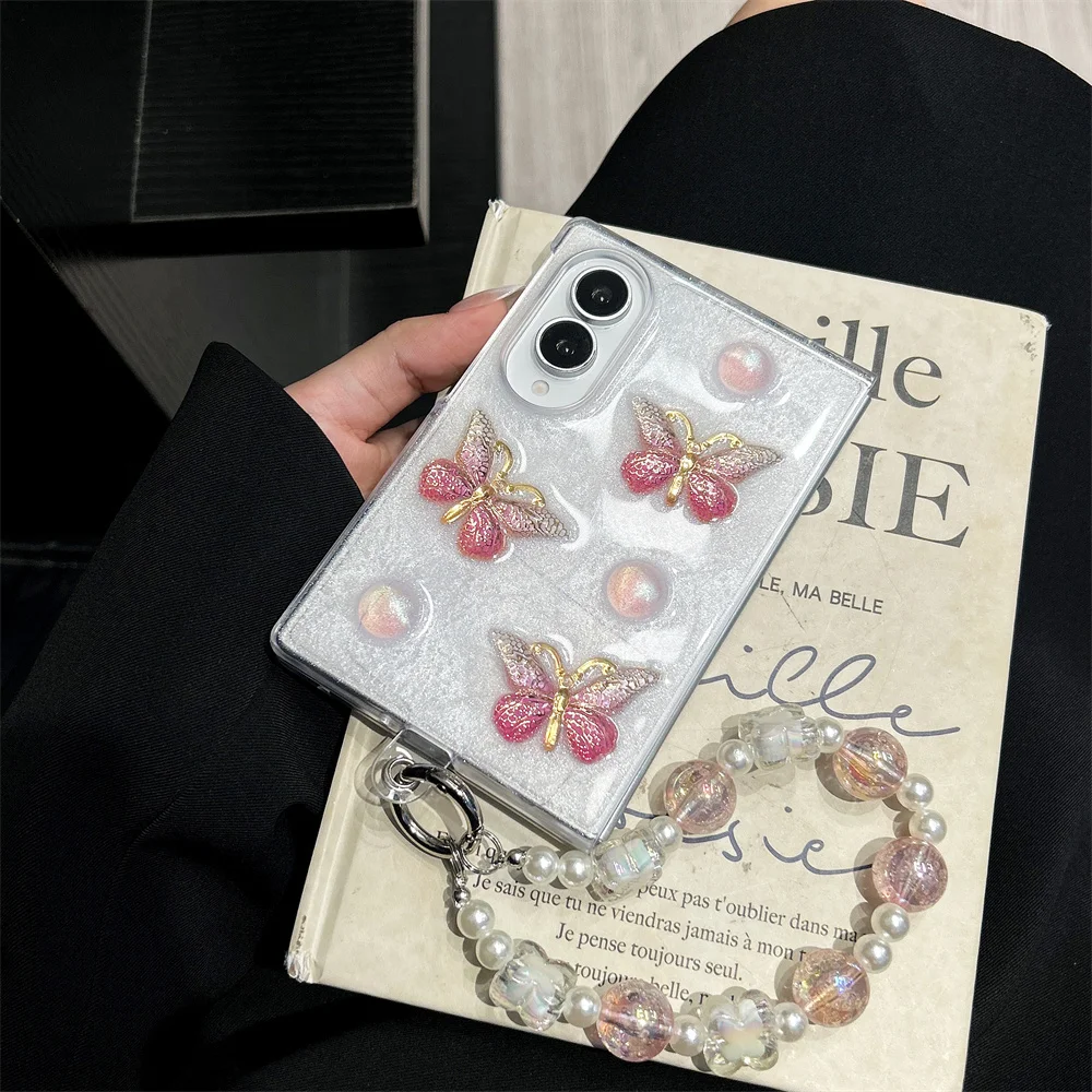 Korean Fashion flowers bowknot Phone case for Samsung Galaxy Z Fold 8 Fold 8 7 6 5 4 Cover With Chain Cute Shockproof Cover
