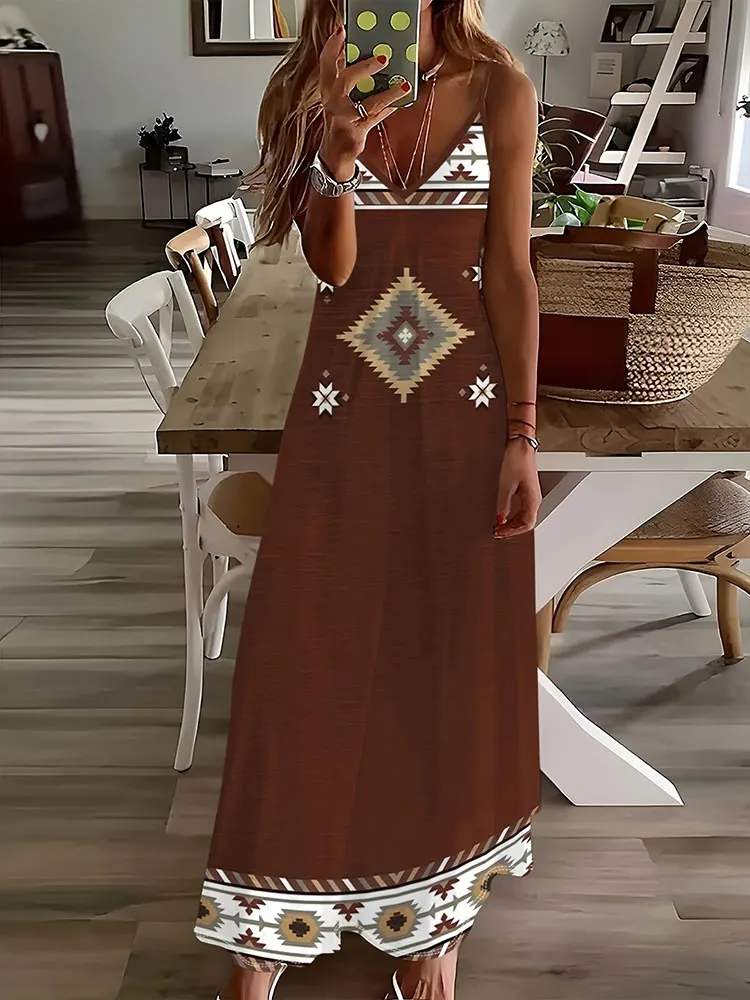 

2024 Summer Fashion Women's Sleeveless Dress Daily Street Women's Long Dress Vintage Ethnic Print Women's Casual Elegant Dress