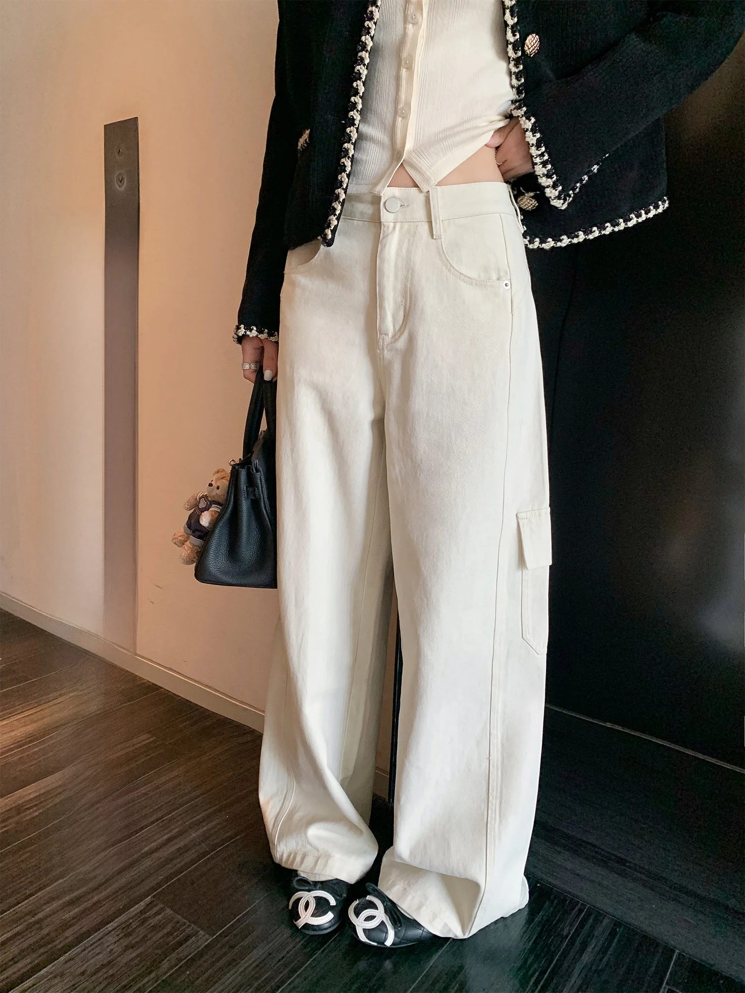 

Workwear Wide Leg Straight Cut Jeans Women's Versatile High Waist High Efficiency Big White Cow Casual Fashion Trousers