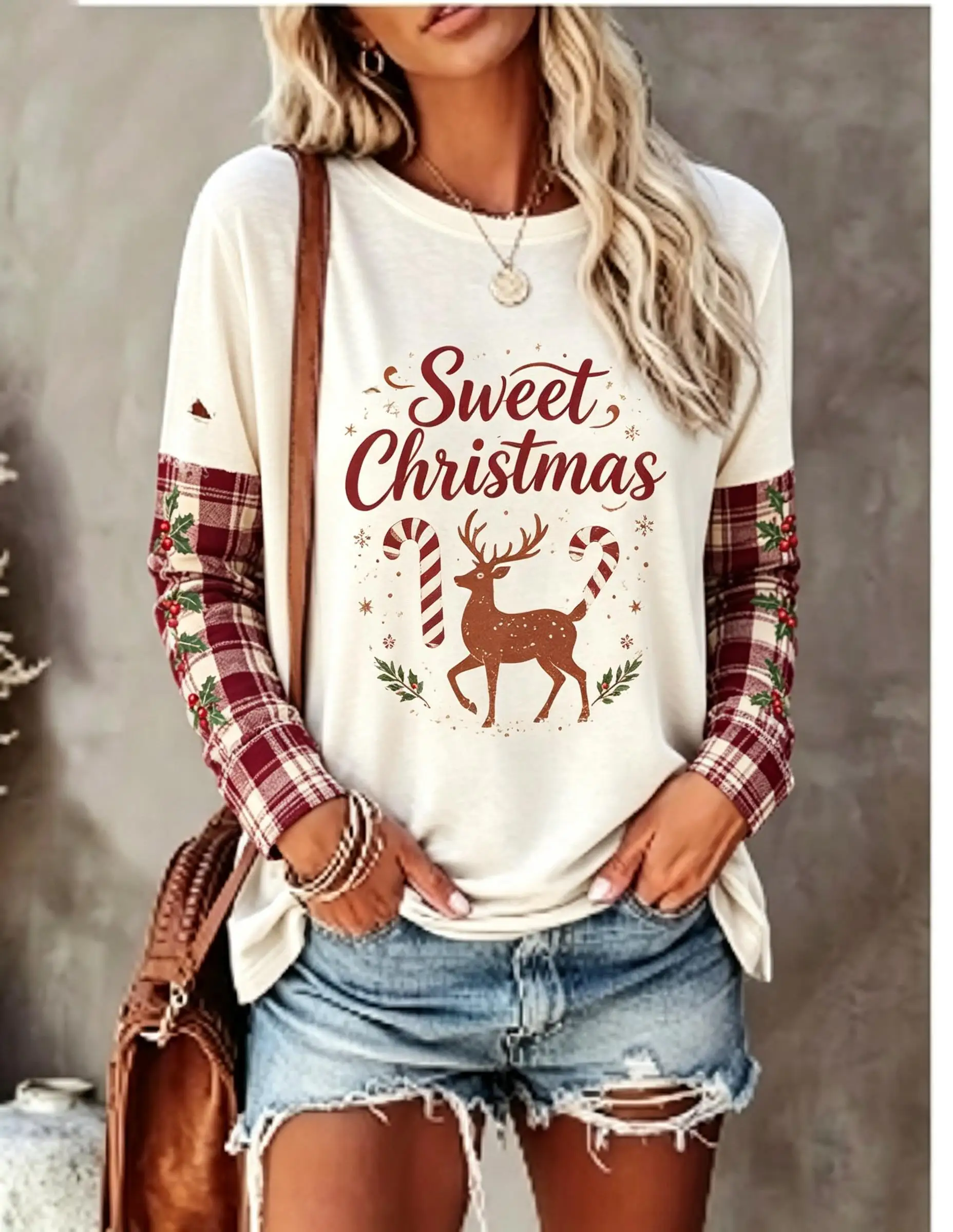 Women Long Sleeve T Shirt Sweet Christmas Reindeer Candy Cane Plaid Splice Print Crew Neck Fall Tops